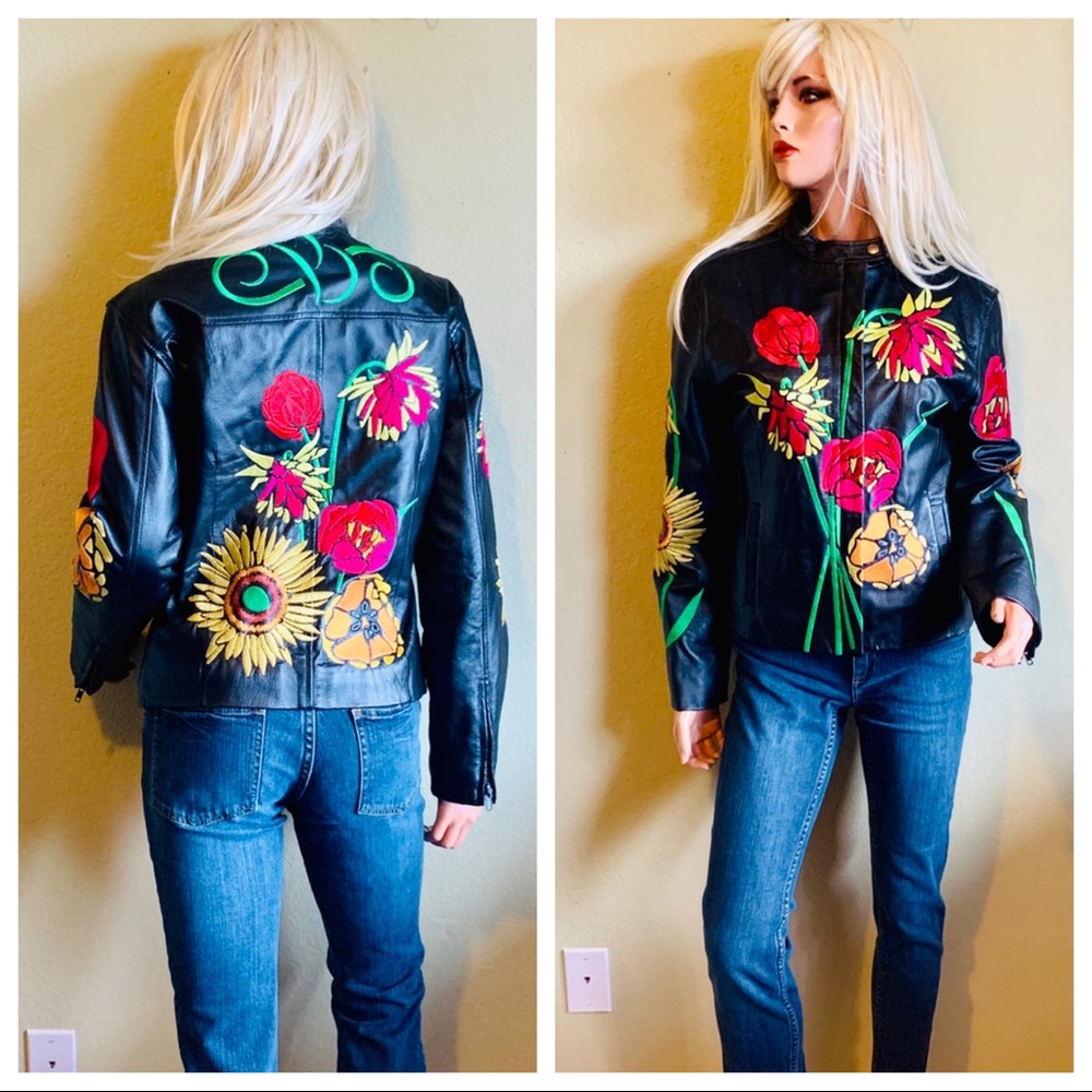 Floral Embroidered Leather Biker Jacket - Picture 3 of 8